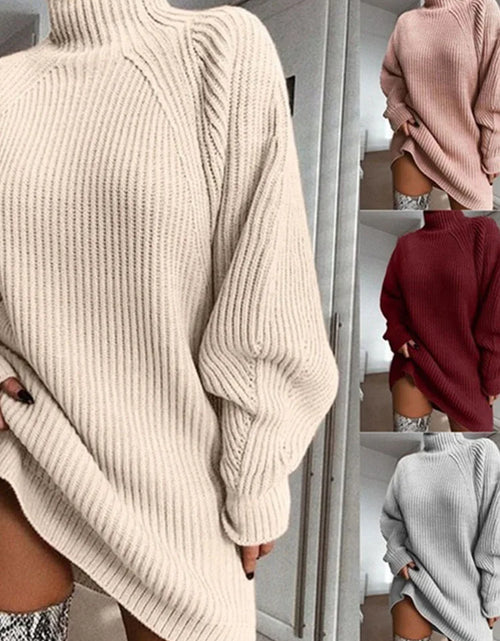 Load image into Gallery viewer, Women Turtleneck Oversized Knitted Dress Autumn Solid Long Sleeve Casual Elegant Mini Sweater Dress Winter Clothes