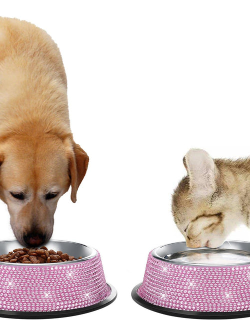 Load image into Gallery viewer, Bling Dog Bowls Pink, 640ML Handmade Bling Rhinestones Stainless Steel Pet Bowls Double Food Water Feeder for Puppy Cats Dogs - Set of 2