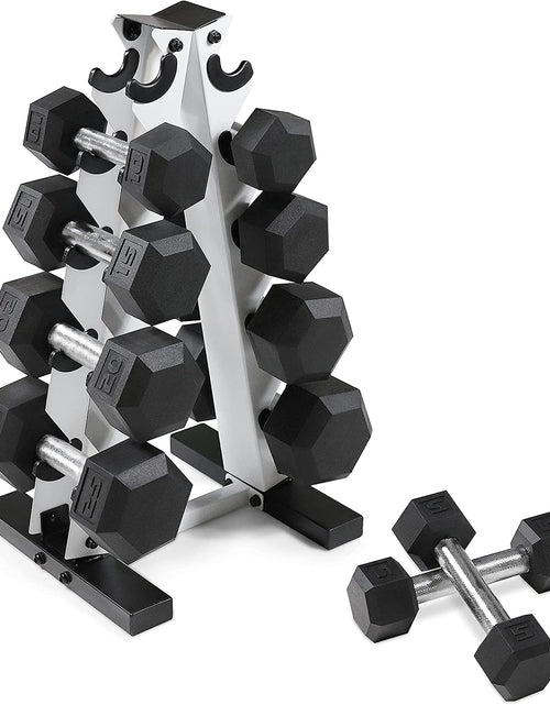 Load image into Gallery viewer, 5-25Lb Rubber Coated Hex Dumbbell Set with a Frame Storage Rack Non-Slip Hex Shape for Muscle Toning, Strength Building & Weight Loss - Multiple Choices Available