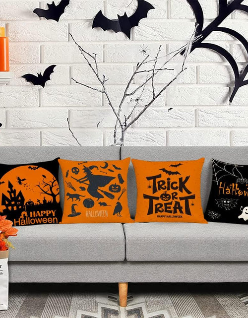 Load image into Gallery viewer, Halloween Decor Pillow Covers 16X16 Set of 4 Halloween Fall Black Decorative Throw Pillows Scary Pumpkin Bats Pillow Cases Home Outdoor Sofa Couch Cushion Covers for Halloween Decorations (16 by 16)
