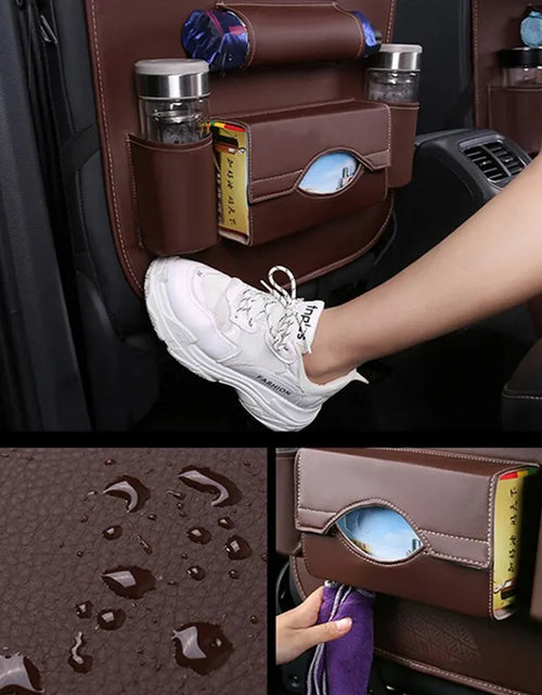 Load image into Gallery viewer, Car Seat Back Organizer with Foldable Table Tray PU Leather Storage Organizer with Pockets Kick Mats Seat Interior Accessories