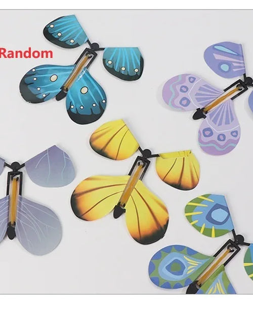 Load image into Gallery viewer, Magic Flying Butterflies Wind up Toy in the Sky Bookmark Greeting Cards Rubber Band Powered Kids Magic Props Surpris Gift