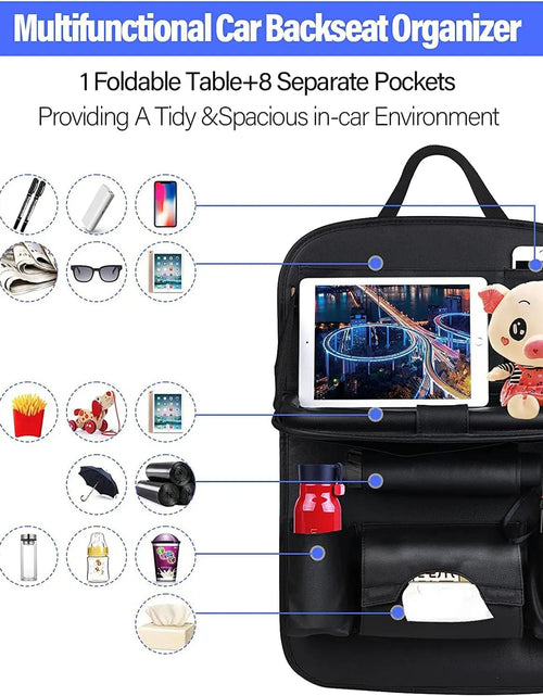 Load image into Gallery viewer, Car Seat Back Organizer with Foldable Table Tray PU Leather Storage Organizer with Pockets Kick Mats Seat Interior Accessories