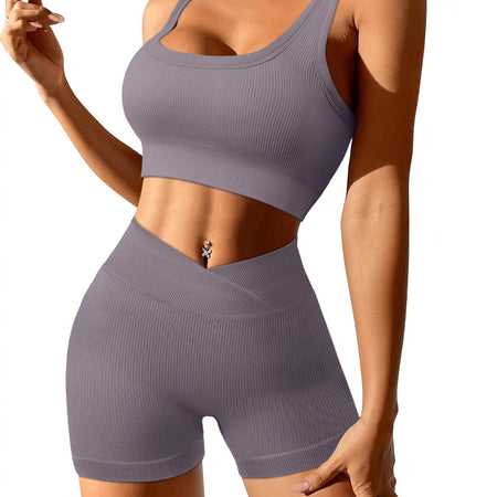 2 Piece Yoga Outfit Seamless Workout Set High Waist Exercise Short Pants with Sport Bra Tracksuit Gym Tracksuits