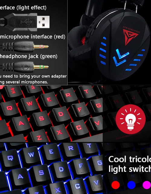 Load image into Gallery viewer, Gaming Keyboard and Mouse Combo with Headset, K59 RGB Backlit 3 Colors Keyboard, 6 Button 4DPI USB Wired Gaming Mouse, Lighted Gaming Headset with Microphone Set for Gamer