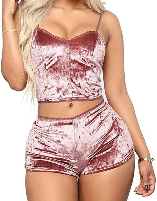 Load image into Gallery viewer, Women'S Velvet 2 Piece Outfit Spaghetti Strap Sleeveless Crop Top Camisole and Shorts Pajamas Set Sleepwear Nightwear