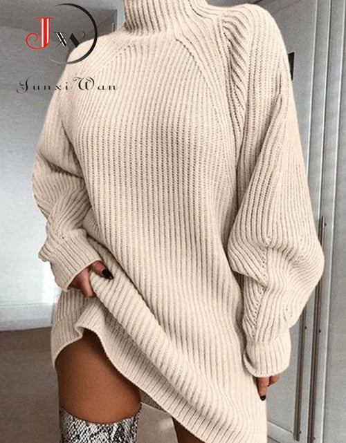 Load image into Gallery viewer, Women Turtleneck Oversized Knitted Dress Autumn Solid Long Sleeve Casual Elegant Mini Sweater Dress Winter Clothes