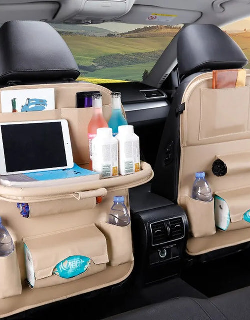 Load image into Gallery viewer, Car Seat Back Organizer with Foldable Table Tray PU Leather Storage Organizer with Pockets Kick Mats Seat Interior Accessories