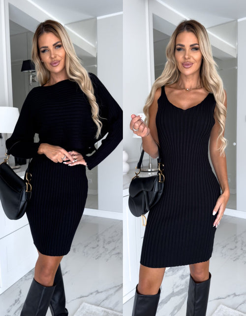 Load image into Gallery viewer, 2Pcs Suit Women'S Solid Stripe Long-Sleeved Top and Tight Suspender Skirt Fashion Autumn Winter Slim Clothing
