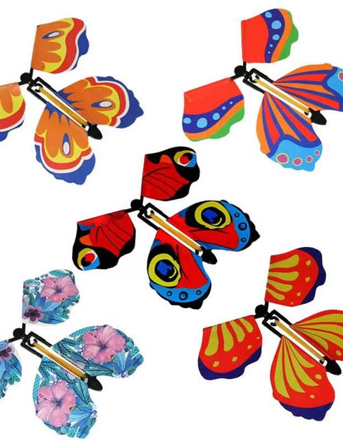 Load image into Gallery viewer, Magic Flying Butterflies Wind up Toy in the Sky Bookmark Greeting Cards Rubber Band Powered Kids Magic Props Surpris Gift
