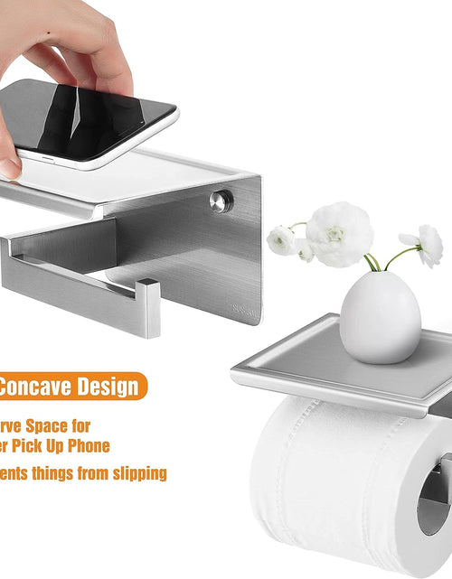 Load image into Gallery viewer, Brushed Nickel Toilet Paper Holder, Stick on Silver Toilet Paper Holder with Shelf, Self Adhesive No Drill or Wall-Mount with Screws for Bathroom