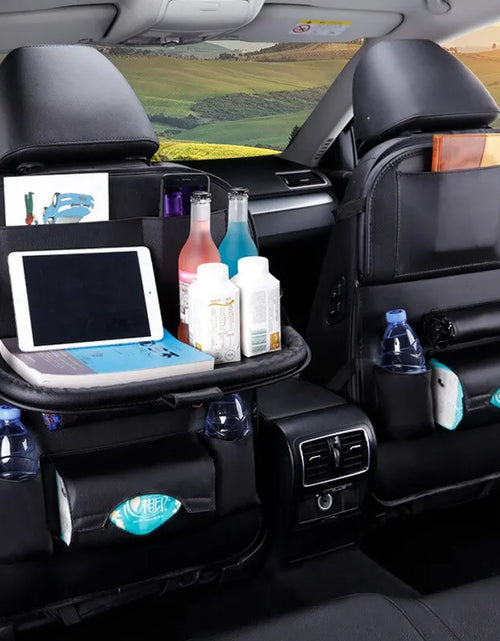 Load image into Gallery viewer, Car Seat Back Organizer with Foldable Table Tray PU Leather Storage Organizer with Pockets Kick Mats Seat Interior Accessories