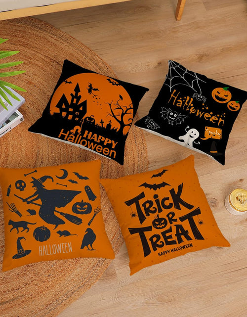 Load image into Gallery viewer, Halloween Decor Pillow Covers 16X16 Set of 4 Halloween Fall Black Decorative Throw Pillows Scary Pumpkin Bats Pillow Cases Home Outdoor Sofa Couch Cushion Covers for Halloween Decorations (16 by 16)