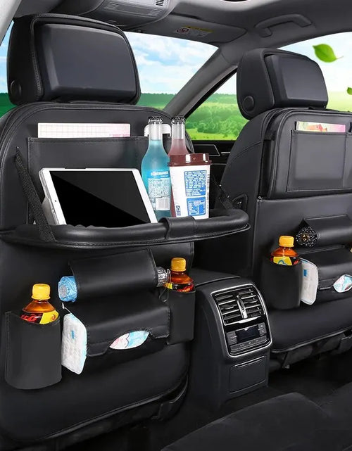 Load image into Gallery viewer, Car Seat Back Organizer with Foldable Table Tray PU Leather Storage Organizer with Pockets Kick Mats Seat Interior Accessories