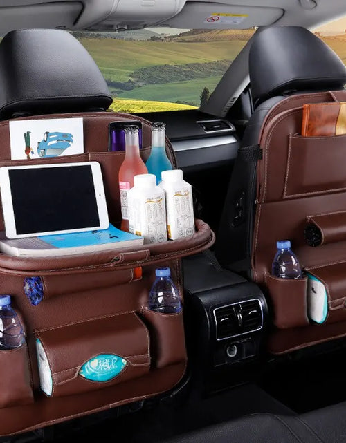 Load image into Gallery viewer, Car Seat Back Organizer with Foldable Table Tray PU Leather Storage Organizer with Pockets Kick Mats Seat Interior Accessories