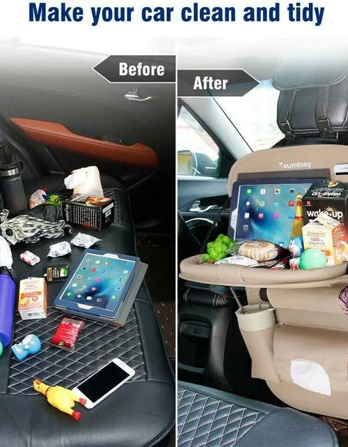 Load image into Gallery viewer, Car Seat Back Organizer with Foldable Table Tray PU Leather Storage Organizer with Pockets Kick Mats Seat Interior Accessories