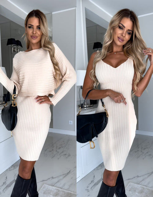 Load image into Gallery viewer, 2Pcs Suit Women'S Solid Stripe Long-Sleeved Top and Tight Suspender Skirt Fashion Autumn Winter Slim Clothing