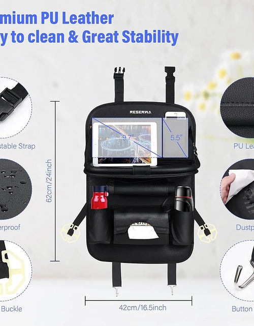 Load image into Gallery viewer, Car Seat Back Organizer with Foldable Table Tray PU Leather Storage Organizer with Pockets Kick Mats Seat Interior Accessories