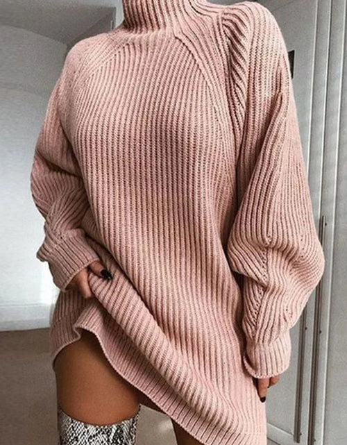 Load image into Gallery viewer, Women Turtleneck Oversized Knitted Dress Autumn Solid Long Sleeve Casual Elegant Mini Sweater Dress Winter Clothes