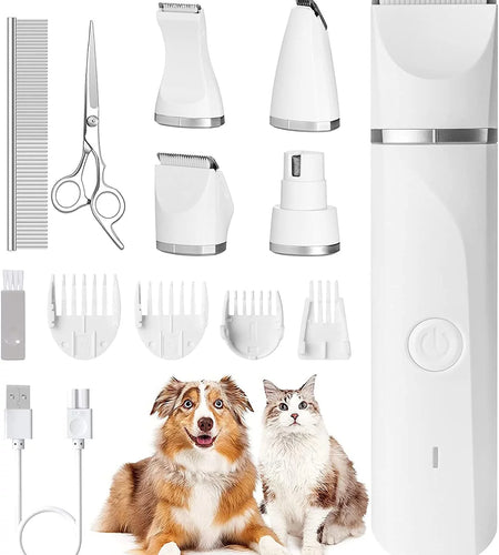 Dog Clippers , Dog Grooming Kit, Rechargeable Low Noise Cordless Pet Clippers with 4 Size Trimmer Head, Complete Set of Dog Grooming Tools for Dogs, Cats and Other Pets