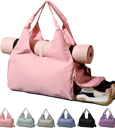 Yoga Gym Bag for Women, Gym Duffel Bag with Yoga Mat Holder & Shoe Compartment, Weekender Travel Tote Bag with Wet Dry Pockets (Black)