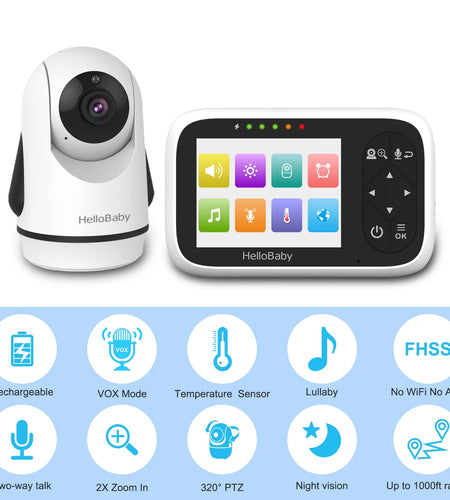 Baby Monitor-Hb6336 with Camera and Audio, 3.2" IPS Color Display, Full Remote Pan Zoom, IR Night Vision, 1000 Ft. Range, Wall Mount, No Wifi Baby Camera Monitor