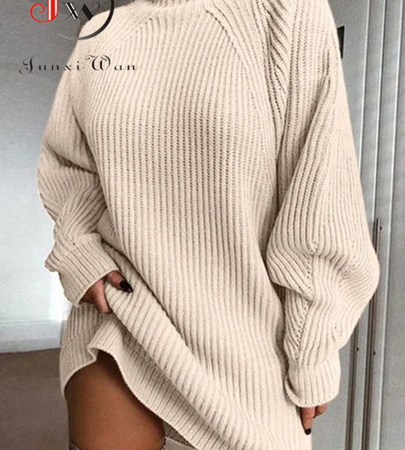 Women Turtleneck Oversized Knitted Dress Autumn Solid Long Sleeve Casual Elegant Mini Sweater Dress Winter Clothes