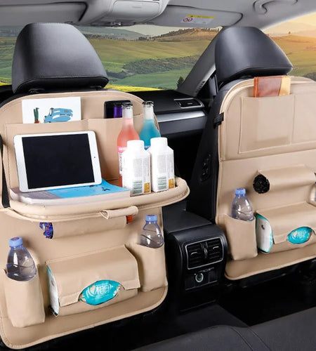 Car Seat Back Organizer with Foldable Table Tray PU Leather Storage Organizer with Pockets Kick Mats Seat Interior Accessories