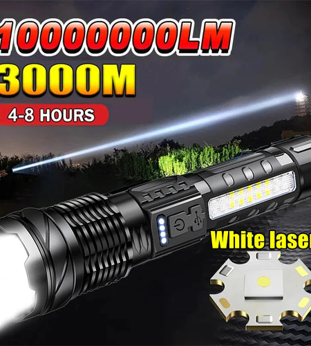 High Power White Laser LED Flashlight Built-In Battery USB Rechargeable Strong Light Tactical Torch Outdoor Camping Hiking Lamp