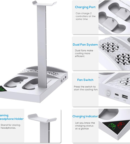 Charger Stand with Cooling Fan for Xbox Series S Console and Controller,Vertical Dual Charging Dock Accessories with 2 X 1400Mah Rechargeable Battery and Cover, Earphone Bracket for XSS