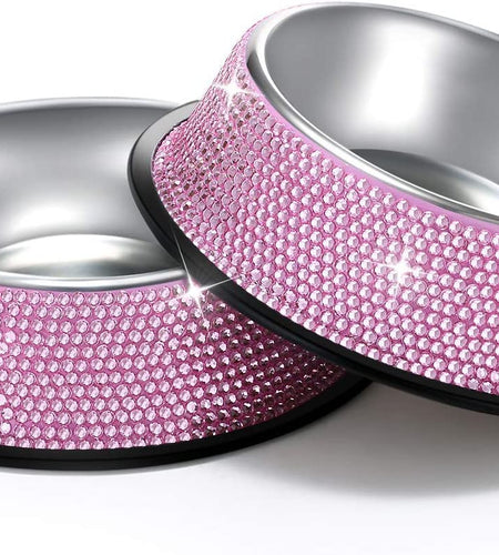 Bling Dog Bowls Pink, 640ML Handmade Bling Rhinestones Stainless Steel Pet Bowls Double Food Water Feeder for Puppy Cats Dogs - Set of 2