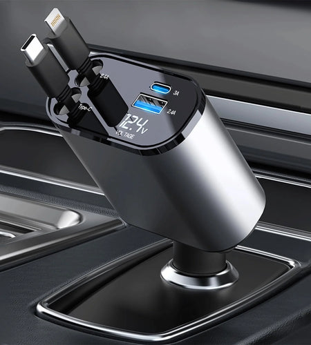 4 in 1 Retractable Car Charger, 100W Fast Car Phone Charger with Iphone and Type C Cable and 2 Charging Ports Car Charger Adapter